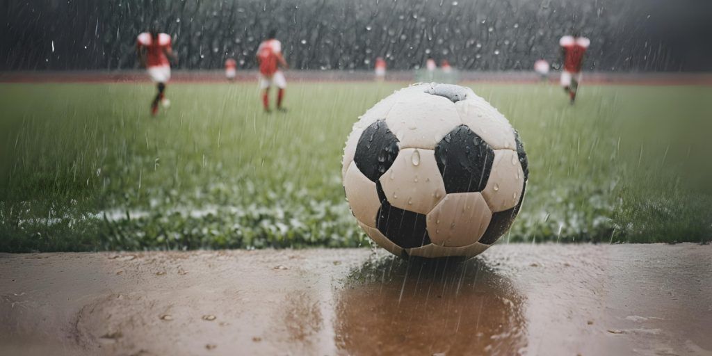 un ballon de foot sur une surface mouillée qui représente la pluie