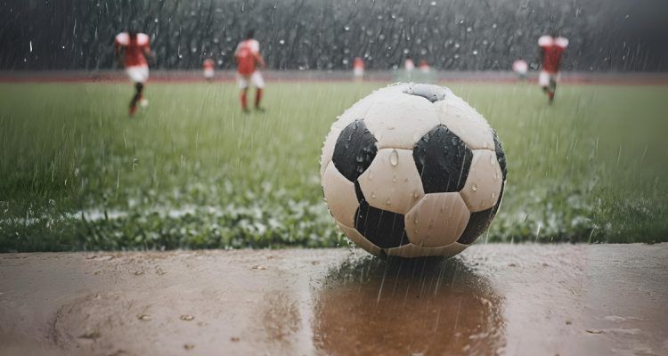 un ballon de foot sur une surface mouillée qui représente la pluie